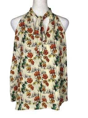 Anthropologie MAEVE Women Tie Neck Tank Top Sz S Ivory Floral Beachy 77-11